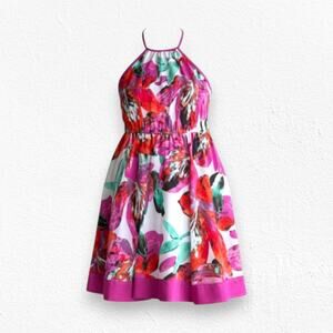 Bebe Floral Halter Fit & Flare Dress Pink Red Party Evening Dress Size Small
